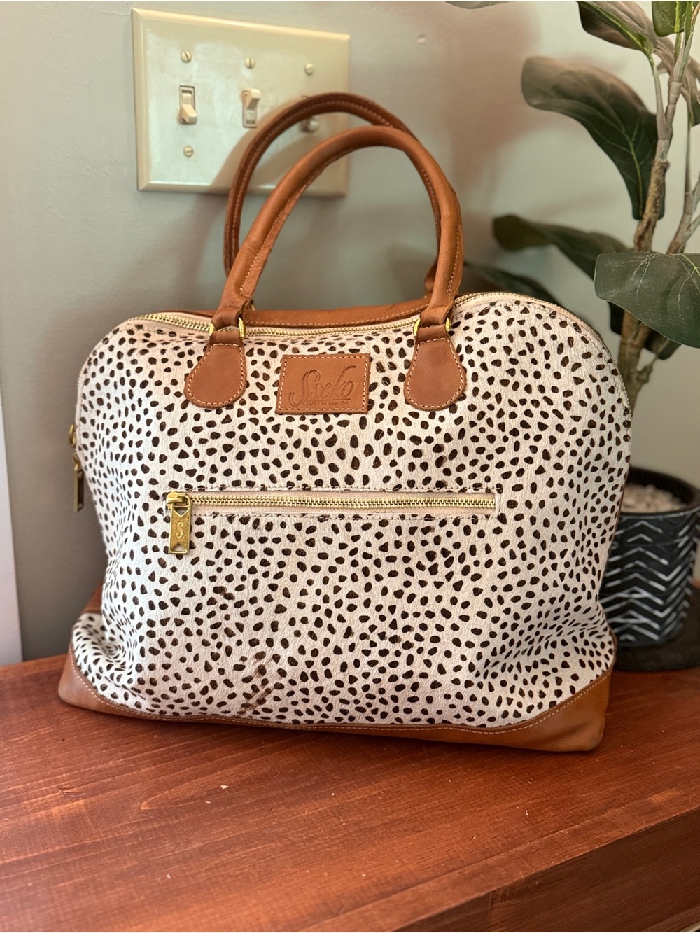 Sseko Leather Leopard Hair-On Hide Satchel Crossbody Bag Made in Uganda
